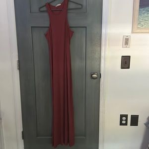 Burnt red, stretch fabric maxi dress. Racerback top with extra layer near bra